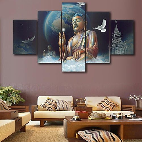 Flying Peace Dove- Earth Scene with Buddha- Landscape Painting on Canvas For Livingroom Sofa Background Decorate (No Frame, 12x16inx2+12x24inx2+12x32inx1)