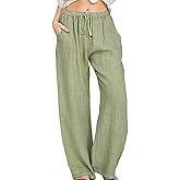 utcoco Women's Cotton Linen Drawstring High Waisted Pants Casual Loose Fit Wide Leg Trousers