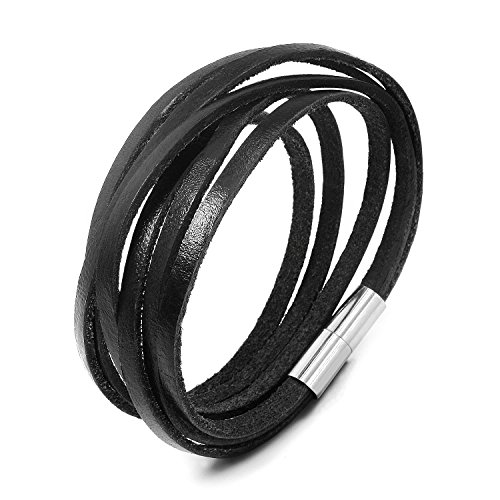 JewelrieShop Monotone Rough Finish Natural Genuine Leather Wrap Bracelet Wristband, Magnetic, Real Leather (Black)