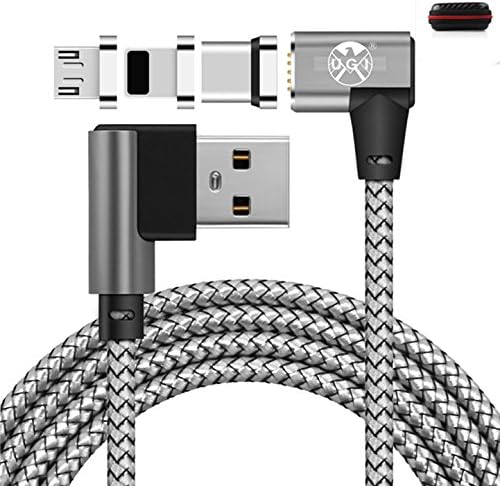 3 in 1 Nylon Braided Magnetic Cable 90 Degree Right Angle Magnet USB Charging Cord USB to Magnetic IOS+USB C+Micro USB Charge Sync Data Cable for Android Samsung iPhone iPad Smart Phones - 10FT