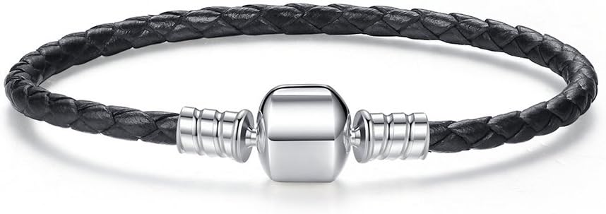 Single Black Braided Leather Bracelet 925 Sterling Silver Charm Bracelet With Snap Clasp Fits Pandora Charms, European Bracelets Compatible