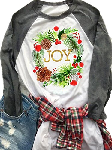 FAYALEQ Women’s Christmas Joy Letters Print Raglan Long Sleeve Baseball T-Shirt Tops size M (Grey)