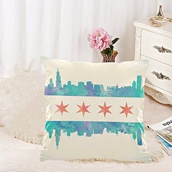 Chicago State Flag Watercolor City Skyline Cushion Case - Throw Pillow Case Decor Cushion Covers Square with Hidden Zipper Closure - 18x18 inches, Twin-Sided Print