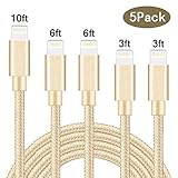 iPhone Charger Sharllen MFI Certified Lightning Cable Fast Charging Cable 5 Pack 3FT/6FT/10FT Nylon Braided USB Cord Long iPhone Cable Compatible iPhone XS/Max/XR/X/8/8P/7P/6S/iPad/iPod/IOS (Golden)