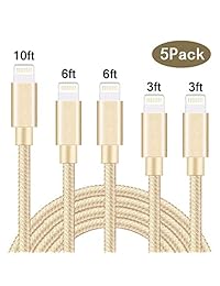 Sharllen MFI - Cable de carga rápida para iPhone (5 unidades, nailon trenzado, cable USB para iPhone XS Max XR X 8 8P 7P 6S iPad iPod IOS (dorado)