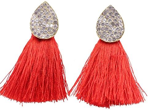 Women's Girls Ethnic Bohemia Crystal Tassel Fringe Chandelier Dangle Stud Drop Earrings Elegant Jewellery (Red)