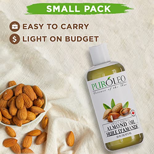 PUROLEO SWEET ALMOND OIL 16 FL OZ/473 ML (PACKED IN CANADA) PURE ALMOND OIL FOR SKIN, HAIR, & BODY | ORGANIC CARRIER OIL & BODY OILS FOR WOMEN | ALMOND BUTTER HAIR OIL, BODY OIL, BABY OIL