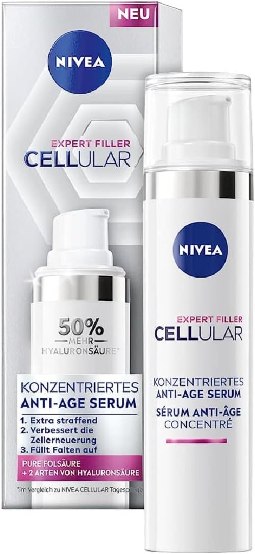 Nivea Cellular Expert Filler Concentrated Anti-Age Serum (40 ml), Anti-Wrinkle Serum with Hyaluronic and Folic Acid, Concentrated Hyaluronic Serum for Younger Looking Skin