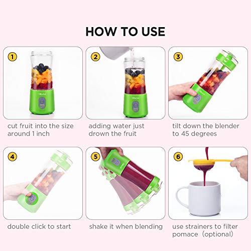 Olivivi Portable Blender, Multifunctional Personal Blender Mini Smoothie Blender 6 Powerful Blades, 4000mAh Rechargeable USB Juicer Cup Bottle with strainer Cleaning Brush for Travel BPA Free Green