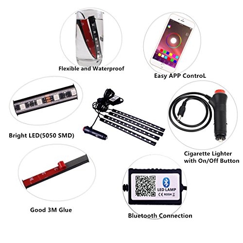 Car LED Strip Lights, ONEKA 4pcs 48 LED Bluetooth APP Control Atmosphere Interior Lights Multicolor Music Car Led Light Strips Under Dash Lighting Kit For DIY Car Indoor Party (Car Cigarette port)