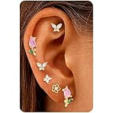 FASDECON Cartilage Earring Stack Set for Women 4 to 6 pcs Mismatched Stud & Dangle Earrings with Sterling Silver Posts, Hypoallergenic Gold Plated Asymmetrical Jewelry for Multiple Piercings