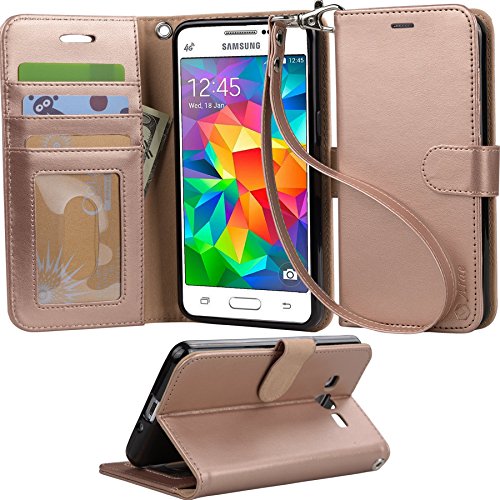Grand Prime Case, Arae Samsung Galaxy Grand Prime wallet case,[Wrist Strap] Flip Folio [Kickstand Feature] PU leather wallet case with ID&Credit Card Pockets For Samsung Galaxy Grand Prime (Rosegold)