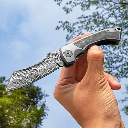 NEWOOTZ Damascus Steel Higonokami Folding Pocket Knife with Leather