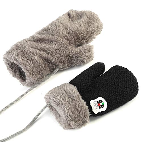 Winter Warm Baby Gloves Mittens - Infant Toddler Kids Knit Plush Lined Gloves Mittens with String for Baby Girls Boys 6 Months - 5 Years (Black)
