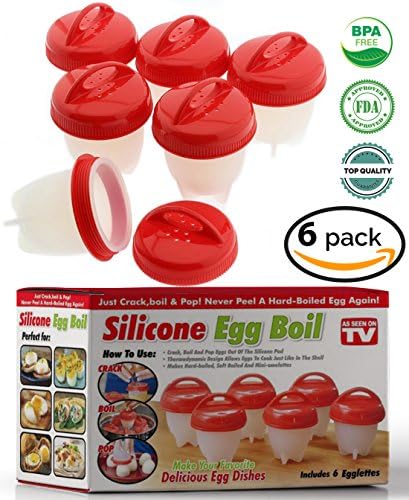 Egglettes - Egg Cooker Hard &amp; Soft Boiled Eggs, Without Shell, Non Stick Silicone, Poacher, Steamer, 6 Egg Cup Pack, Red, AS SEEN ON TV. EASY as 123 Crack, Boil, Pop. No Burned Fingers or Messy Shells