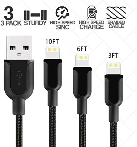 Klaz USB iPhone Cables Compatible (3-Pack) Fast Charging and Data Syncing Cords | 3Ft, 6Ft, 10Ft | Nylon Braided, Kink & Tangle Free | iPhones,iPads iOS Devices (Black)