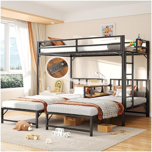 Simple Wisdom Literas de 3 Camas,Literas Individuales Tiene Tres Base Cama Individual,Litera Triple con Mesa,Equipado con Barandillas y Escaleras,La Base Metal es Resistente y Estable (Color Retro)