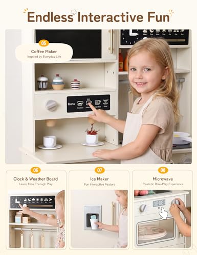 besrey Play Kitchen for Kids, Wooden Kids Play Kitchen Playset with Real Lights & Sounds, Toddler Toy Kitchen with Fun Cookware Accessories, Pretend Play Kitchen Gift for Age 3+
