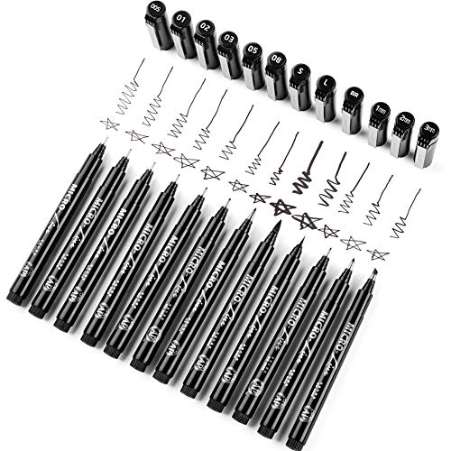 Set of 12 Black Micro-Pen Fineliner Ink Pens - Waterproof Archival Ink Micro Fine Point Liner Pen, Multiliner, Calligraphy Brush, Illustration, Technical Drawing, Office Documents, Scrapbooking
