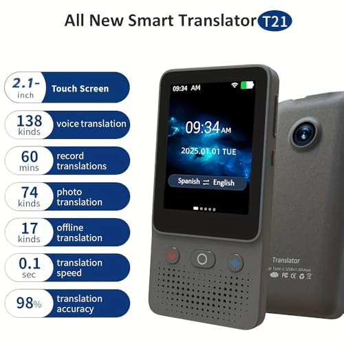 Ai Language Translator Device, 2025 Instant Voice Translator Device T21 Wi-Fi Available, Two-Way 138 Languages Ai Translator Offline Recording Photo Translation Device for Business Travel Study