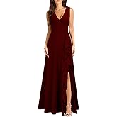 MUSHARE Women's V Neck Sexy Split Cocktail Dress with Pockets Ruffle Party Long Formal Dress
