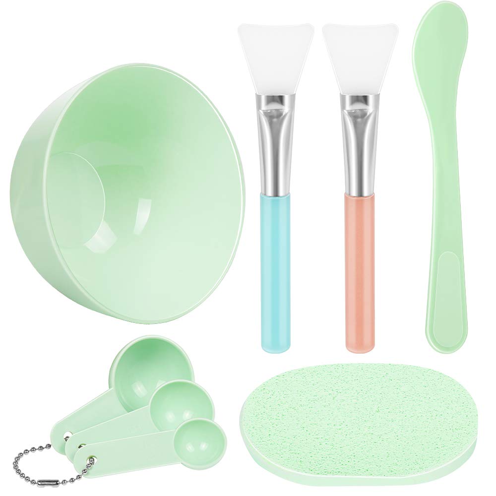 Face Mask Mixing Bowl Set, Teenitor DIY Facemask Mixing Tool Kit with Silicon Face Mask Brush Facial Mask Bowl Stick Spatula Gauges Puff, Pack of 8, Green : Beauty