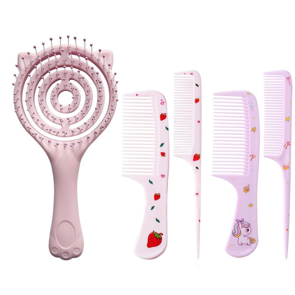 Bmeigo 5pcs Girls Hair Brush and Comb Set - Vented Detangling Brush Hollow Detangler Large Paddle Hairbrush Soft Bristles for Kids Wet and Dry Thick Curly Straight Long Short Hair (Pink)