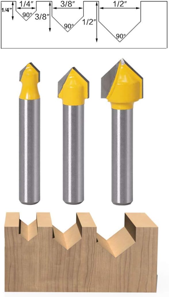 Bestgle 3pcs 1/4" Shank Core Cove Box Deep Round Nose Router Bit and 3pcs 1/4” Shank 90 Degree V Groove Router Bit Woodwroking Cutter Tool - Image 3