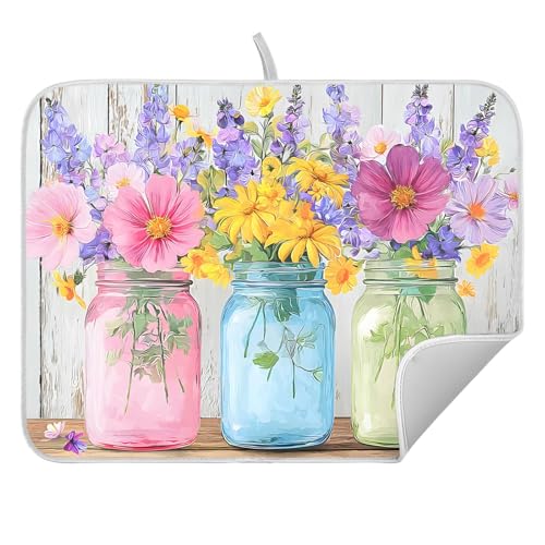 Wildflowers on Vases Dish Drying Mat, Absorbent Microfiber Kitchen Counter Mat, Dish Drying Pad for Dishes, 18"x24" at Amazon