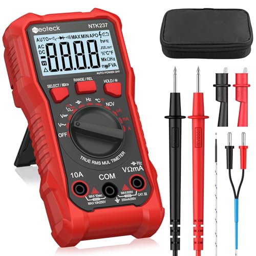 Multimètre Numérique 2000 Comptages Testeur Électrique AC DC Courant Tension Résistance Capacité NCV Fréquence Température avec Pince Crocodile (Rouge, 2000 Counts / 600V 10A)