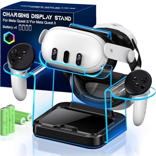 Fast VR Charging Dock for Meta Oculus 3: LED Quest Charging Station for Oculus 2 Aceesories - Light Up Controller Stand with 4 Rechargeable Batteries for Meta Quest 3S