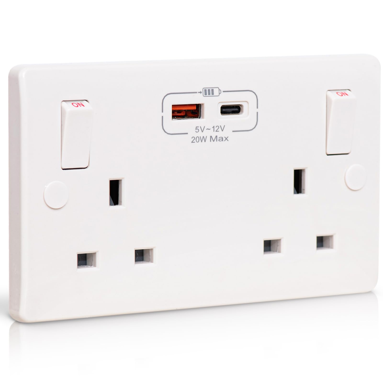 Ledivion Double Wall Socket with USB C Port 20W Fast Charging Standard UK Plug Socket 13 Amp 2 Gang White