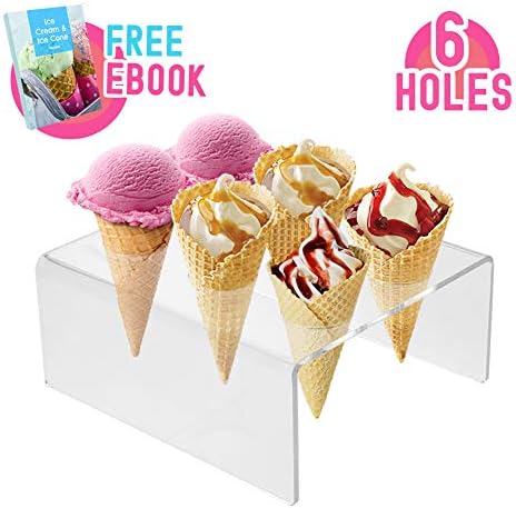 Ice Cream Cone Holder Stand with 6 Holes Capacity, Clear Acrylic Waffle Cone Holder for Ice Cream Cones Snow Cone Hand Roll Sushi Popcorn Sweets Savory, Ice Cream Recipe Ebook Included