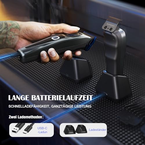 SUPRENT Men's Professional Hair Trimmer - Titanium-Coated Fade Blade, Adjustable Zero-Gap T-Blade, 5 Length Levels, Magnetic Guide Combs, 2500 mAh Battery & Type-C Charging Station