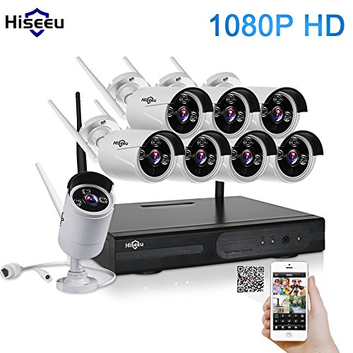 Hiseeu Wireless CCTV System 1080P 8ch Powerful Wireless 1080P NVR , 8PCS 2.0Megapixel Wireless Weatherproof Bullet IP Cameras,Plug and Play,P2P,App,Home Security System NO HDD