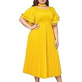 ONTINVA Women Plus Size High Neck Pleated Hem Party Dress Flared Sleeves Elegant A Line Midi Dresses