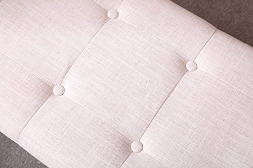 Upholstered Bedroom Bench with Arms, Tufted Fabric Linen Vanity Bench with Rubber Wood Legs, Beige - Thumbnail 2