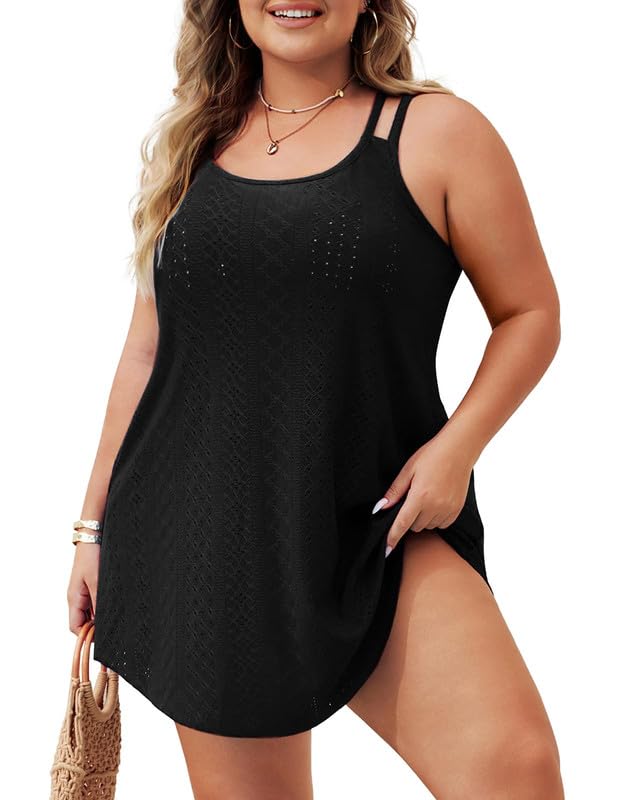 Hanna Nikole Bikini Cover Ups for Women Plus Size Hollow Out Swimsuit Cover Ups Beach Coverups Spaghetti Strap Beach Dress with Pockets Black