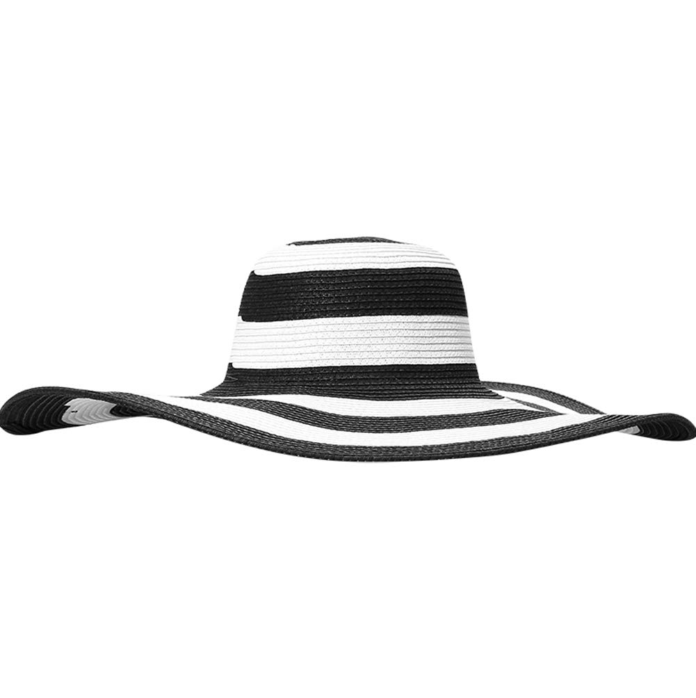 QUUPY Women's Lady Grils White+Black Striped Foldable Beachwear Sun Hat Black and White Striped Straw Hat Floppy Beach Hat Foldable Wide Brim Cap