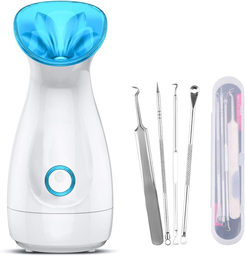 Nano Ionic Upgraded Facial Steamer Warm Mist Humidifier Atomizer Humidifier Moisturizing Face Spa Steamer with Blackhead Remover Kit (white)