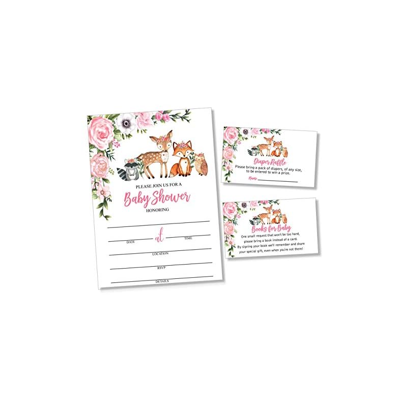 25 Girl Woodlands Floral Greenery Baby Shower Invitations (Large Size 5X7 inches), Diaper Raffle Tickets, Book Request…