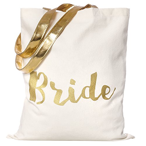 Ling's moment Gold Bride Tote Bag Bride Travel Handbags Wallets - Gold Leather Handles, Interior Pocket Cotton Canvas Gift Bag for Bride Bride To Be Bridal Shower Wedding Planning Bag