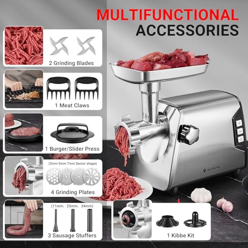 AAOBOSI #12 Meat Grinder, 3 Speed Electric Heavy Duty: 2 Blades, 4 Plates, 3 Sausage Fillers, Kibbe Kit, Meat Clip, Burger Press (Silver)