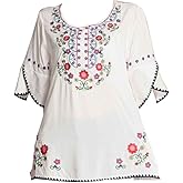 Ashir Aley Mexican Shirts Peasant Blouses Cotton Embroidered 3/4 Sleeve Bohemian Tops Boho Clothes for Women Summer Fiesta