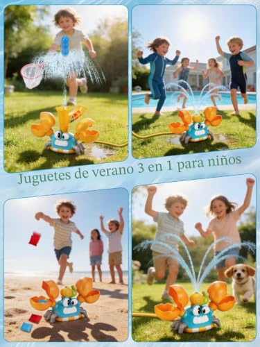 3-en-1 Juegos de Agua para Niños Exterior, Juguete de Aspersores Forma de Cangrejo con Juego de Lanzar Tela y Atrapar Pelota, Juguetes Verano para 3 4 5 6 7 8 9Años, Regalo Creativo para Niños y Niñas