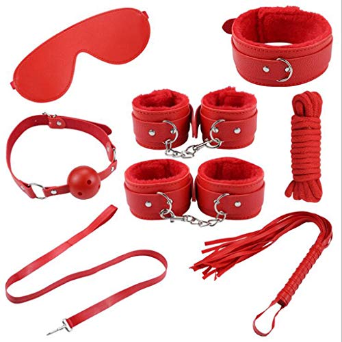 GLUSa 7Pcs Red BSDM R’estraints Kit Plush Bondage for Bed and Under Bed Sex Play,Soft Hāndcuff Mouth and Whip Jeans Sunglass