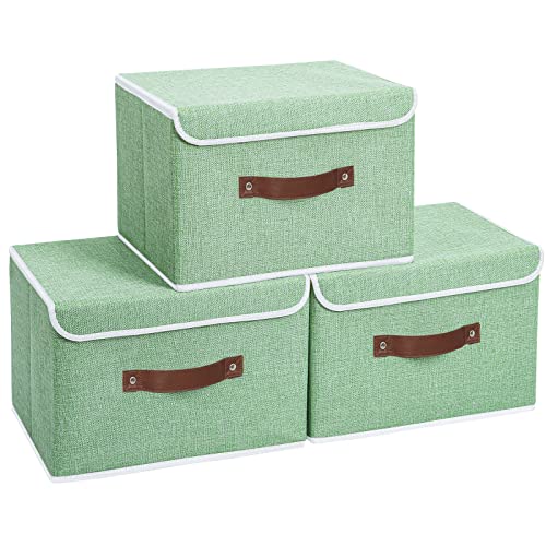 Yawinhe Storage Boxes with Lids 3 Pack, Collapsible Storage Bin with Handle, for Organizing Clothes, 45x30x30cm, Green, SNK018GN-L