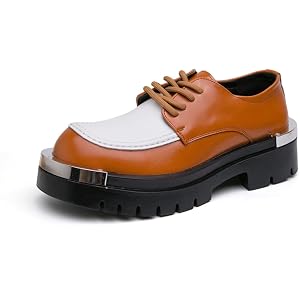 Men's Two Tone Patent Leather Platform Oxford Shoes Metal Cap Toe Chunky Lug Sole Lace Up Derby Dress Shoes for Business Work