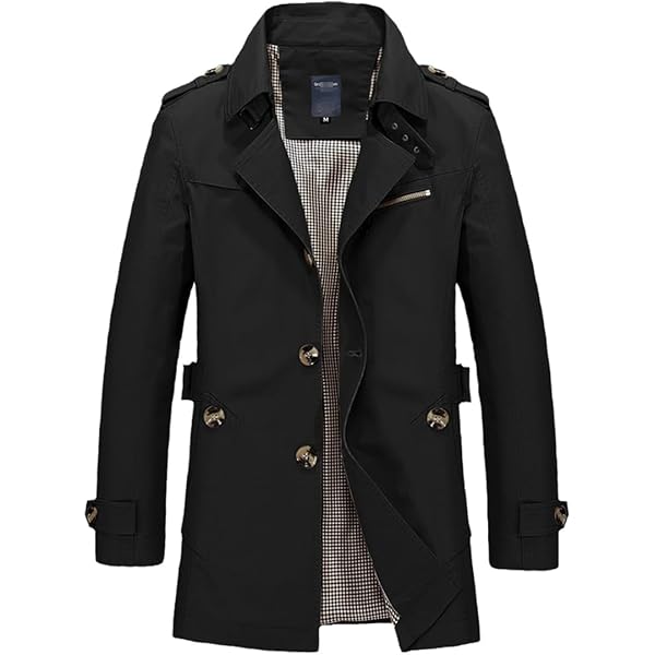 DAVID.ANN Men's Windbreaker Notch Lapel Single Breasted Coat,Black