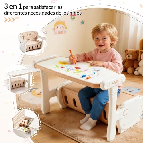 Mesa Multifuncional Para NiñOs,Convertible En Banco Y Caja De Almacenamiento,Mesa De Juguete Con Tablero De Dibujo,Incluye 20 Plantillas de Dibujo,Para Jugar, Dibujar Y Organizar Juguetes En El Hogar